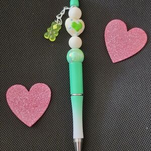 Green and White Beaded Pen